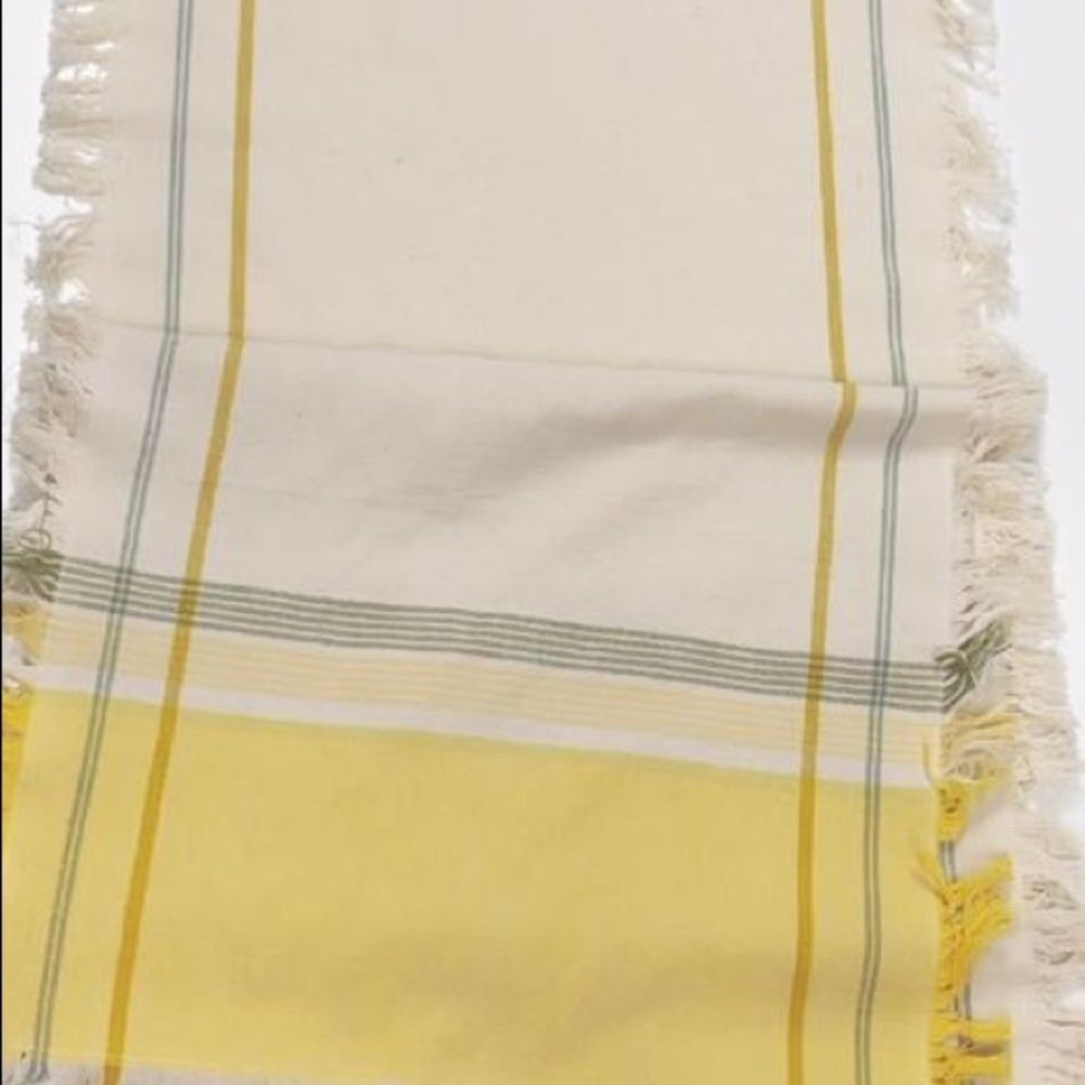 Threshold  table runner - 14" x 72”‎ Yellow white Green Stripe Plaid Fringe